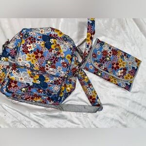 JU-JU-BE DIAPER BAG BACKPACK W/CHANGING PAD BLUE PERKY PERENNIALS